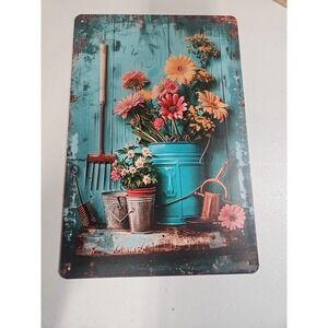 Vintage Style Metal Tin Sign Rustic Garden Flowers Watering Can Tools Wall Decor